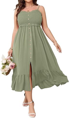 SCOMCHIC Womens Plus Size Summer Dresses Sleeveless Spaghetti Strap Button Down Smocked Beach Long Maxi Dress with Slit in Kuwait