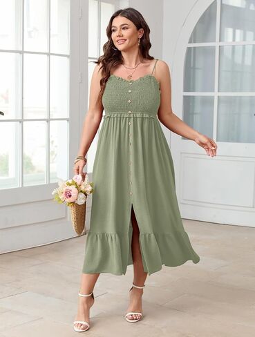 SCOMCHIC Womens Plus Size Summer Dresses Sleeveless Spaghetti Strap Button Down Smocked Beach Long Maxi Dress with Slit in Kuwait