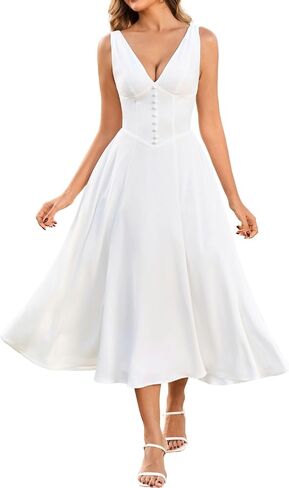 Parthea Women's Corset Midi Dress Deep V Neck A Line Flowy Casual Sundress Wedding Guest Dresses in Saudi Arabia