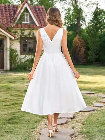 Parthea Women's Corset Midi Dress Deep V Neck A Line Flowy Casual Sundress Wedding Guest Dresses in Saudi Arabia
