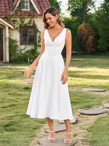 Parthea Women's Corset Midi Dress Deep V Neck A Line Flowy Casual Sundress Wedding Guest Dresses in Saudi Arabia