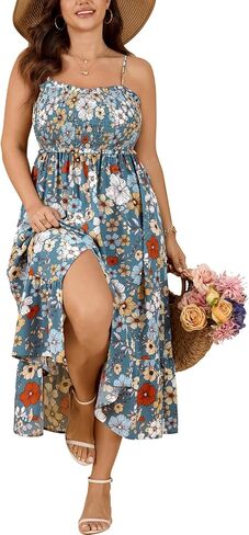 SCOMCHIC Womens Plus Size Summer Dresses Sleeveless Spaghetti Strap Button Down Smocked Beach Long Maxi Dress with Slit in Saudi Arabia