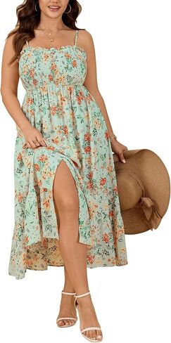 SCOMCHIC Womens Plus Size Summer Dresses Sleeveless Spaghetti Strap Button Down Smocked Beach Long Maxi Dress with Slit in Kuwait