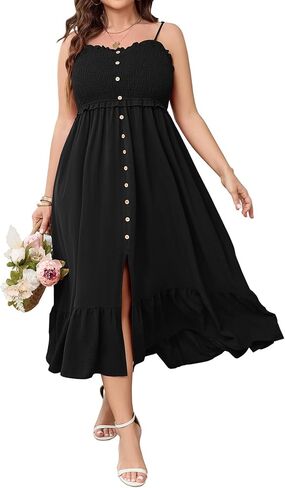 SCOMCHIC Womens Plus Size Summer Dresses Sleeveless Spaghetti Strap Button Down Smocked Beach Long Maxi Dress with Slit in Kuwait