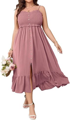 SCOMCHIC Womens Plus Size Summer Dresses Sleeveless Spaghetti Strap Button Down Smocked Beach Long Maxi Dress with Slit in Kuwait