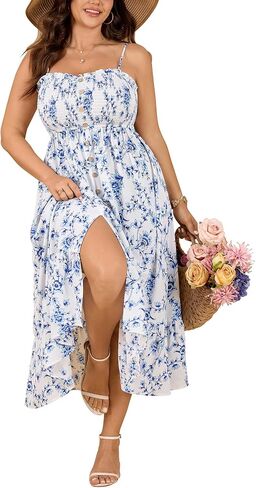 SCOMCHIC Womens Plus Size Summer Dresses Sleeveless Spaghetti Strap Button Down Smocked Beach Long Maxi Dress with Slit in Kuwait
