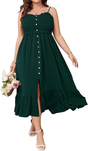 SCOMCHIC Womens Plus Size Summer Dresses Sleeveless Spaghetti Strap Button Down Smocked Beach Long Maxi Dress with Slit in Kuwait