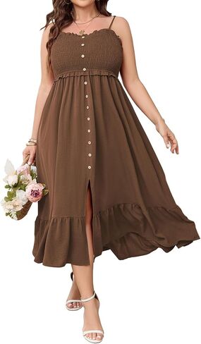 SCOMCHIC Womens Plus Size Summer Dresses Sleeveless Spaghetti Strap Button Down Smocked Beach Long Maxi Dress with Slit in Kuwait