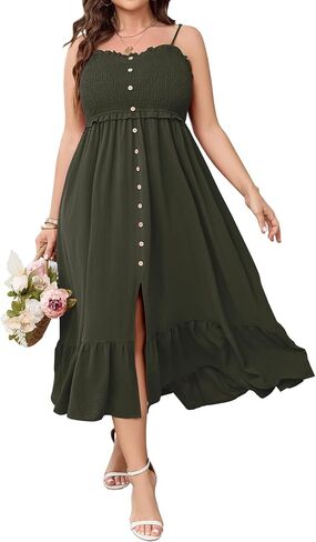 SCOMCHIC Womens Plus Size Summer Dresses Sleeveless Spaghetti Strap Button Down Smocked Beach Long Maxi Dress with Slit in Kuwait