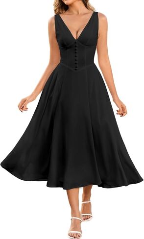 Parthea Women's Corset Midi Dress Deep V Neck A Line Flowy Casual Sundress Wedding Guest Dresses in Saudi Arabia