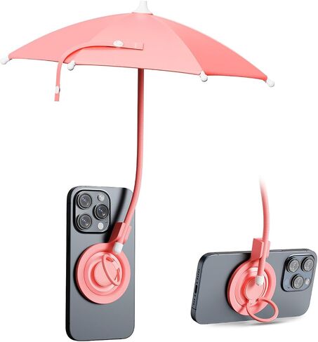 Pink Magnetic Phone Umbrella with Flexible Shaft, Foldable Sunshade with 360° Adjustable Angle, Built-in Ring Holder, Compatible with iPhone 12-16 & More Devices, Magnetic Sticker Included in Kuwait