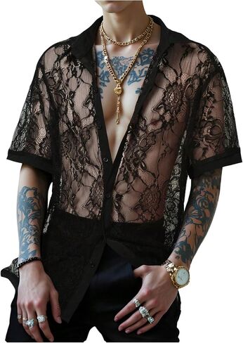 OYOANGLE Men's Floral Lace Sheer Button Up Shirt See Through Short Sleeve Collar Party Tops in Kuwait