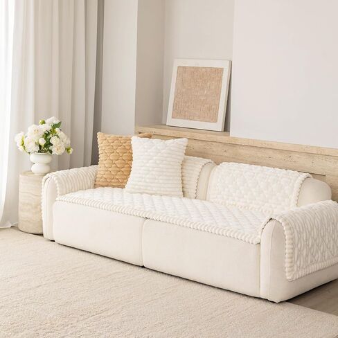 Luxury Fuzzy Pet Couch Cover for Dogs – 100% Washable & Waterproof, Non-Slip Sofa Protector for 3 Cushion Couch, Thick Plush Furniture Cover, Elegant Pet-Friendly Home Décor(White,28"x71") in Saudi Arabia
