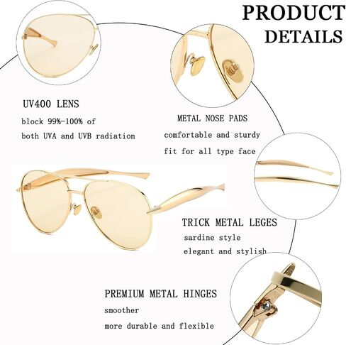 Retro Gold Aviator Sunglasses for Women Men Trendy Oversized 70s Aviators Sun Glasses Metal Vintage Shades in Kuwait