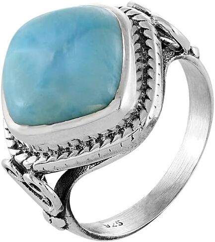 Natural Larimar Cushion Cabochon Ring in 925 Oxidized Sterling Silver | Handmade Bezel Set | 6.70 Ct Sky Blue Gemstone in Saudi Arabia
