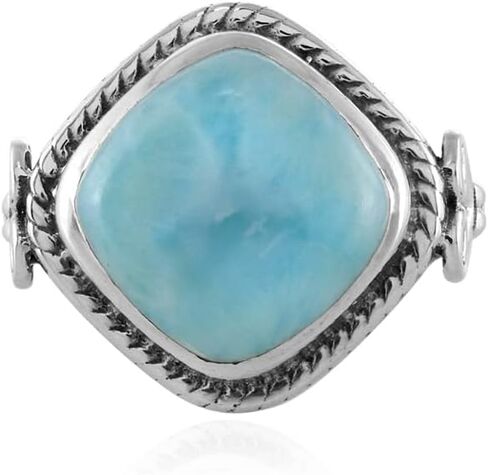 Natural Larimar Cushion Cabochon Ring in 925 Oxidized Sterling Silver | Handmade Bezel Set | 6.70 Ct Sky Blue Gemstone in Saudi Arabia