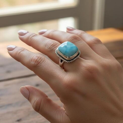 Natural Larimar Cushion Cabochon Ring in 925 Oxidized Sterling Silver | Handmade Bezel Set | 6.70 Ct Sky Blue Gemstone in Saudi Arabia