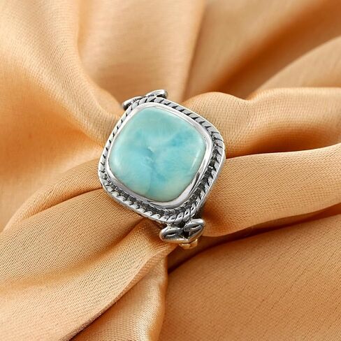 Natural Larimar Cushion Cabochon Ring in 925 Oxidized Sterling Silver | Handmade Bezel Set | 6.70 Ct Sky Blue Gemstone in Saudi Arabia