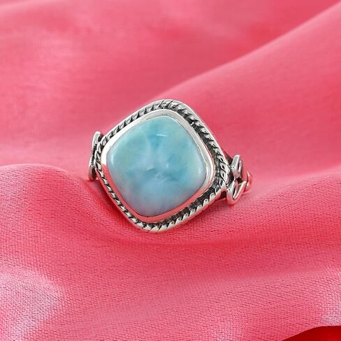 Natural Larimar Cushion Cabochon Ring in 925 Oxidized Sterling Silver | Handmade Bezel Set | 6.70 Ct Sky Blue Gemstone in Saudi Arabia