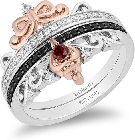 Jewelili Enchanted Disney Fine Jewelry من الفضة الإسترليني والذهب الوردي عيار 10 قيراط والماس 1/4 Cttw وياقوت دائري سنو وايت وخاتم الملكة الشريرة الثنائي in Kuwait
