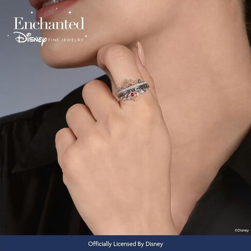 Jewelili Enchanted Disney Fine Jewelry من الفضة الإسترليني والذهب الوردي عيار 10 قيراط والماس 1/4 Cttw وياقوت دائري سنو وايت وخاتم الملكة الشريرة الثنائي in Kuwait