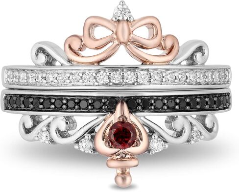 Jewelili Enchanted Disney Fine Jewelry من الفضة الإسترليني والذهب الوردي عيار 10 قيراط والماس 1/4 Cttw وياقوت دائري سنو وايت وخاتم الملكة الشريرة الثنائي in Kuwait