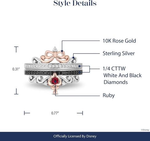 Jewelili Enchanted Disney Fine Jewelry من الفضة الإسترليني والذهب الوردي عيار 10 قيراط والماس 1/4 Cttw وياقوت دائري سنو وايت وخاتم الملكة الشريرة الثنائي in Kuwait