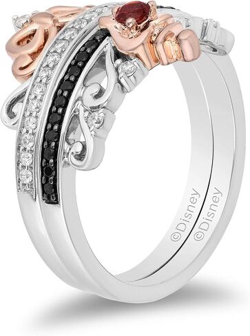 Jewelili Enchanted Disney Fine Jewelry من الفضة الإسترليني والذهب الوردي عيار 10 قيراط والماس 1/4 Cttw وياقوت دائري سنو وايت وخاتم الملكة الشريرة الثنائي in Kuwait