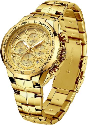 WWOOR Men's Gold Watch Stainless Steel Waterproof Watches for Men Multifunctional Chronograph Analog Quartz Fashion Business Wristwatch Luminous with Date in Saudi Arabia