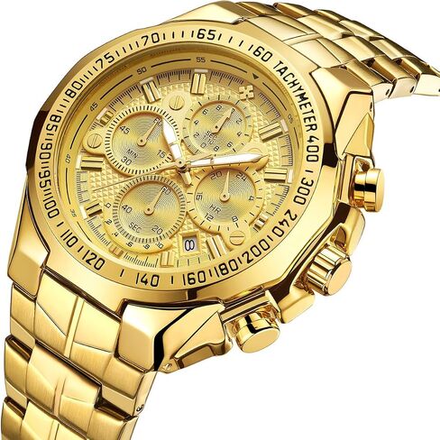 WWOOR Men's Gold Watch Stainless Steel Waterproof Watches for Men Multifunctional Chronograph Analog Quartz Fashion Business Wristwatch Luminous with Date in Saudi Arabia