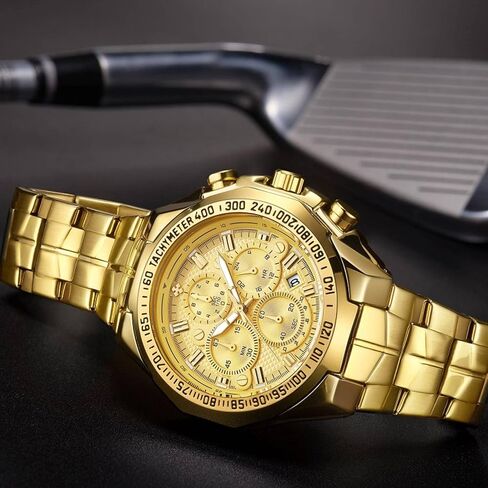 WWOOR Men's Gold Watch Stainless Steel Waterproof Watches for Men Multifunctional Chronograph Analog Quartz Fashion Business Wristwatch Luminous with Date in Saudi Arabia