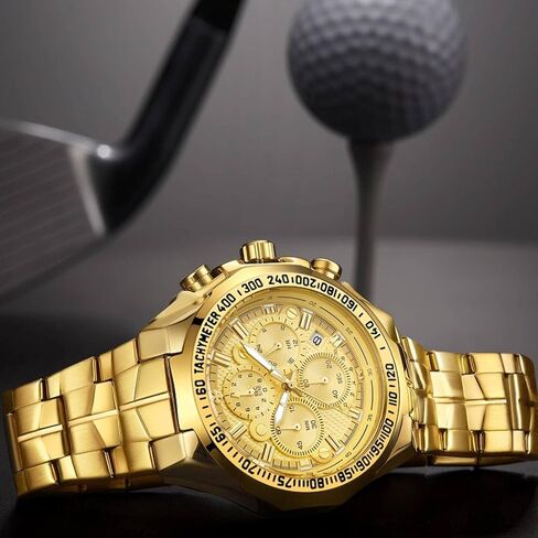 WWOOR Men's Gold Watch Stainless Steel Waterproof Watches for Men Multifunctional Chronograph Analog Quartz Fashion Business Wristwatch Luminous with Date in Saudi Arabia