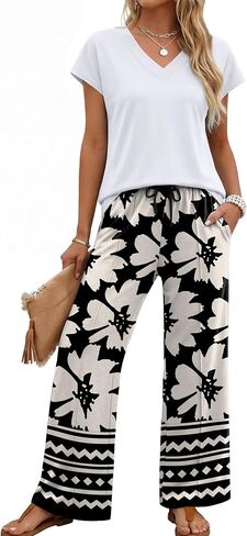 XIEERDUO Women's 2 Piece Sets Summer Beach Vacation Cruise Travel Outfits Printed Wide Leg Pant V Neck Cap Sleeve Tops in Kuwait