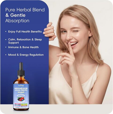 Magnesium Glycinate Liquid Drops, Magnesium Complex with Malate Taurate Citrate Complex & Vitamin D3, B6, K2 L-Theanine, Plant Blend for Sleep, Bone, Muscle, Nerve Non-GMO (500mg-Berry Flavor) in Kuwait