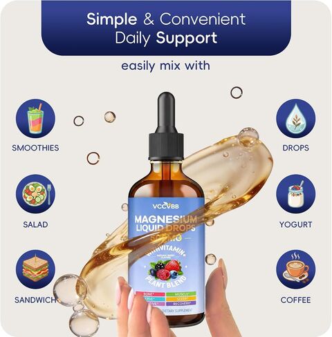 Magnesium Glycinate Liquid Drops, Magnesium Complex with Malate Taurate Citrate Complex & Vitamin D3, B6, K2 L-Theanine, Plant Blend for Sleep, Bone, Muscle, Nerve Non-GMO (500mg-Berry Flavor) in Kuwait