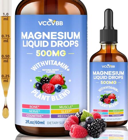 Magnesium Glycinate Liquid Drops, Magnesium Complex with Malate Taurate Citrate Complex & Vitamin D3, B6, K2 L-Theanine, Plant Blend for Sleep, Bone, Muscle, Nerve Non-GMO (500mg-Berry Flavor) in Kuwait