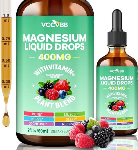 Magnesium Glycinate Liquid Drops, Magnesium Complex with Malate Taurate Citrate Complex & Vitamin D3, B6, K2 L-Theanine, Plant Blend for Sleep, Bone, Muscle, Nerve Non-GMO (500mg-Berry Flavor) in Kuwait