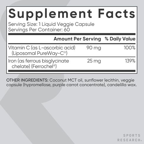 Sports Research® Iron with Vitamin C - High Absorption Iron with Vitamin C - Gentle on Stomach Iron Supplement, Non-GMO - Vegan · Gluten Free, 90 Liquid Veggie Capsules in Saudi Arabia
