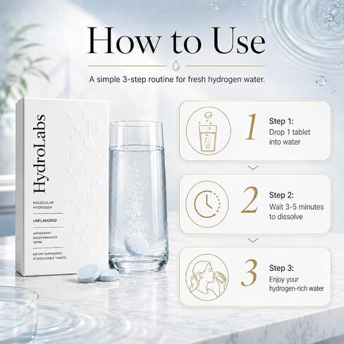 HydroLabs Molecular Hydrogen Tablets, Unflavored, 30 Count | 12PPM, Hydrogen Water Enhancer, Dissolvable Tablets, Daily Hydration Support in Kuwait