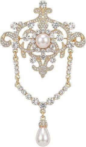 Elegant Vintage Rhinestone Brooch Pin Faux Pearl Lapel Badge Gold Tone Dress Accessories Women Decorative Dangle Pendant Wedding Bridal Thoughtful Present in Saudi Arabia