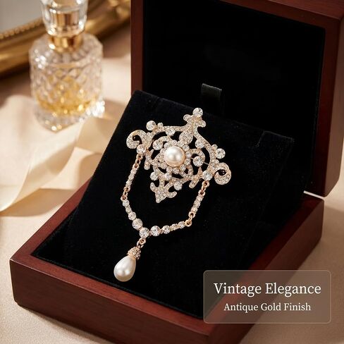 Elegant Vintage Rhinestone Brooch Pin Faux Pearl Lapel Badge Gold Tone Dress Accessories Women Decorative Dangle Pendant Wedding Bridal Thoughtful Present in Saudi Arabia