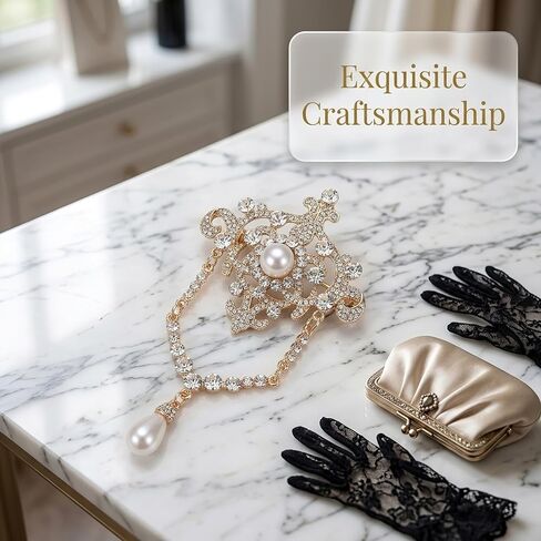 Elegant Vintage Rhinestone Brooch Pin Faux Pearl Lapel Badge Gold Tone Dress Accessories Women Decorative Dangle Pendant Wedding Bridal Thoughtful Present in Saudi Arabia