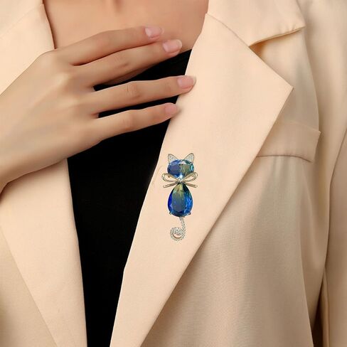 Blue Crystal Cat Brooch Sparkling Rhinestone Feline Pin for Women Animal Jewelry for Blouse, Scarf or Jacket (Blue) in Saudi Arabia