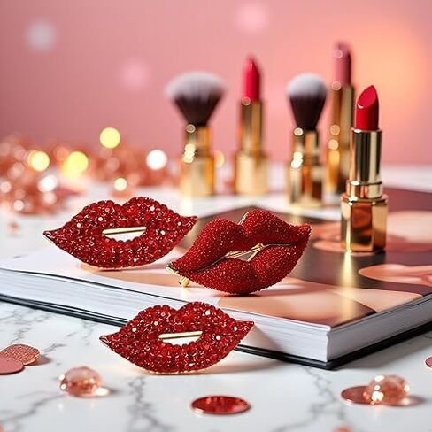 2Pcs Red Lips Rhinestone Brooch Pin Women Red Lips Full Rhinestone Brooch Pin Creative Sexy Crystal Shining Mouth Brooch Party Wedding Jewelry Accessories Gift Brooches and Pins Jewelry in Kuwait
