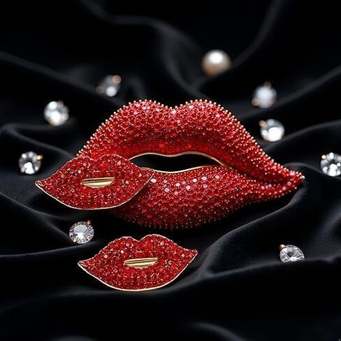 2Pcs Red Lips Rhinestone Brooch Pin Women Red Lips Full Rhinestone Brooch Pin Creative Sexy Crystal Shining Mouth Brooch Party Wedding Jewelry Accessories Gift Brooches and Pins Jewelry in Kuwait
