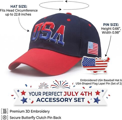2 Pieces USA Baseball Cap Patriotic Souvenirs Hat, July 4th Cap with US Lapel Pins Set for Men Women in Saudi Arabia