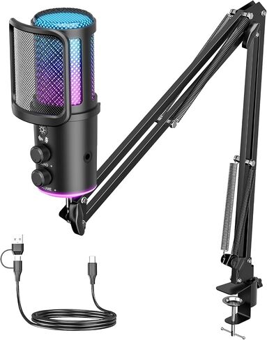 Gaming USB Microphone, Noise Cancellation Condenser Mic with Mute,Boom Arm Mic-Reverb Adjustment, Monitoring for Streaming, Podcasting, Discord, YouTube,PC, Computer, PS4, PS5, Mac in Kuwait