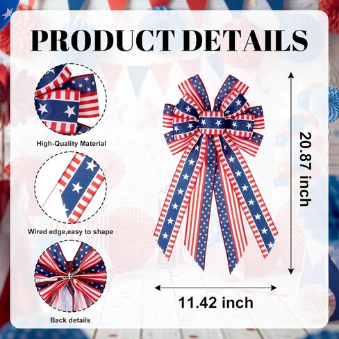 YKW Large Patriotic Bow for Wreaths, American Flag Stars and Stripes Bow with Wired Edge, 4th of July Decoration, Memorial Day Front Door Decor, Veterans Day USA Accent in Saudi Arabia