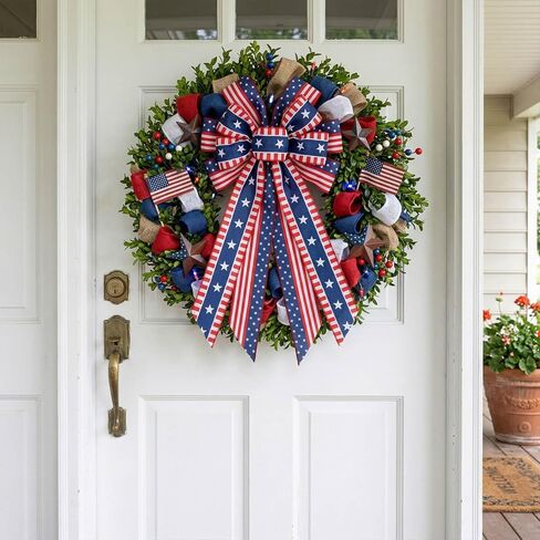 YKW Large Patriotic Bow for Wreaths, American Flag Stars and Stripes Bow with Wired Edge, 4th of July Decoration, Memorial Day Front Door Decor, Veterans Day USA Accent in Saudi Arabia
