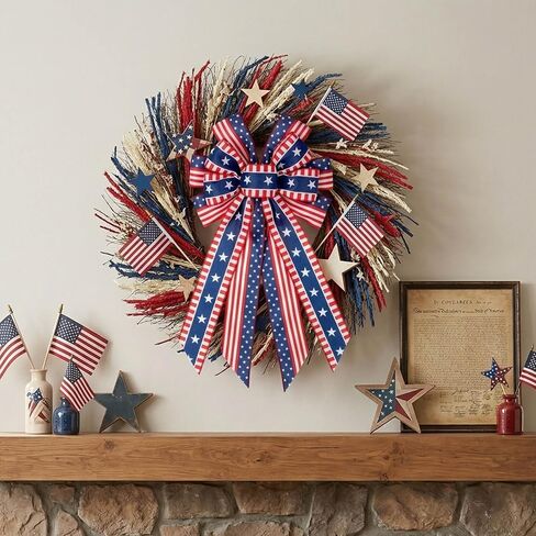 YKW Large Patriotic Bow for Wreaths, American Flag Stars and Stripes Bow with Wired Edge, 4th of July Decoration, Memorial Day Front Door Decor, Veterans Day USA Accent in Saudi Arabia
